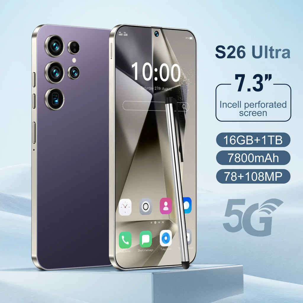 S26 ULTRA 5G Smart Deca Core Mobile Phone 108MP Rear Camera 7.3 Inch HD OLED 90Hz Screen MTK Processor LTE Dual Sim 16GB RAM 1TB