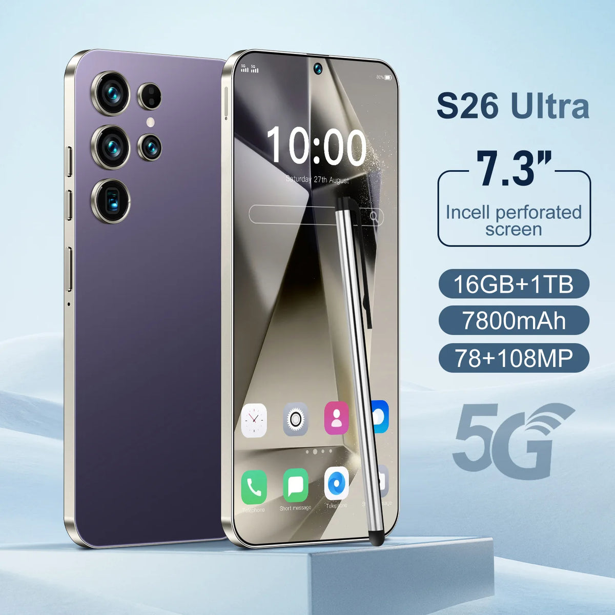 S26 ULTRA 5G Smart Deca Core Mobile Phone 108MP Rear Camera 7.3 Inch HD OLED 90Hz Screen MTK Processor LTE Dual Sim 16GB RAM 1TB