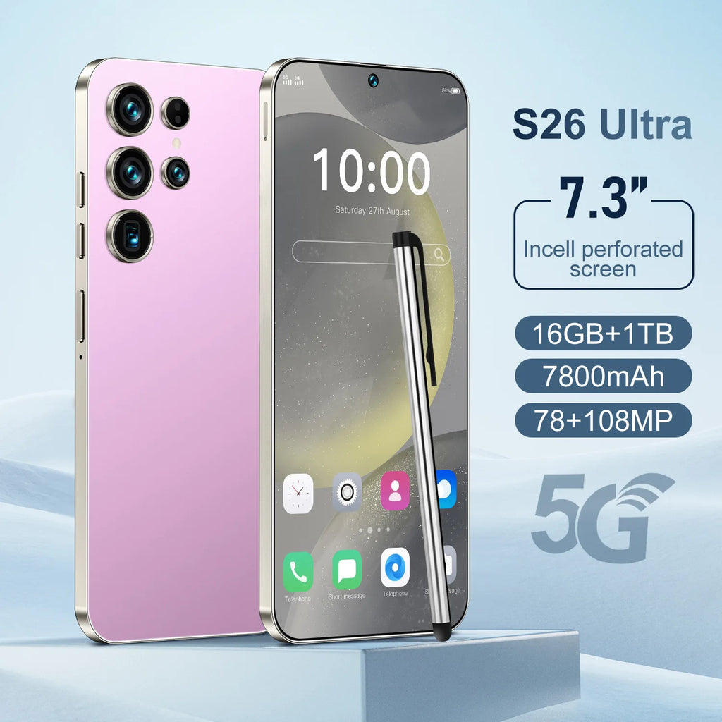 S26 ULTRA 5G Smart Deca Core Mobile Phone 108MP Rear Camera 7.3 Inch HD OLED 90Hz Screen MTK Processor LTE Dual Sim 16GB RAM 1TB