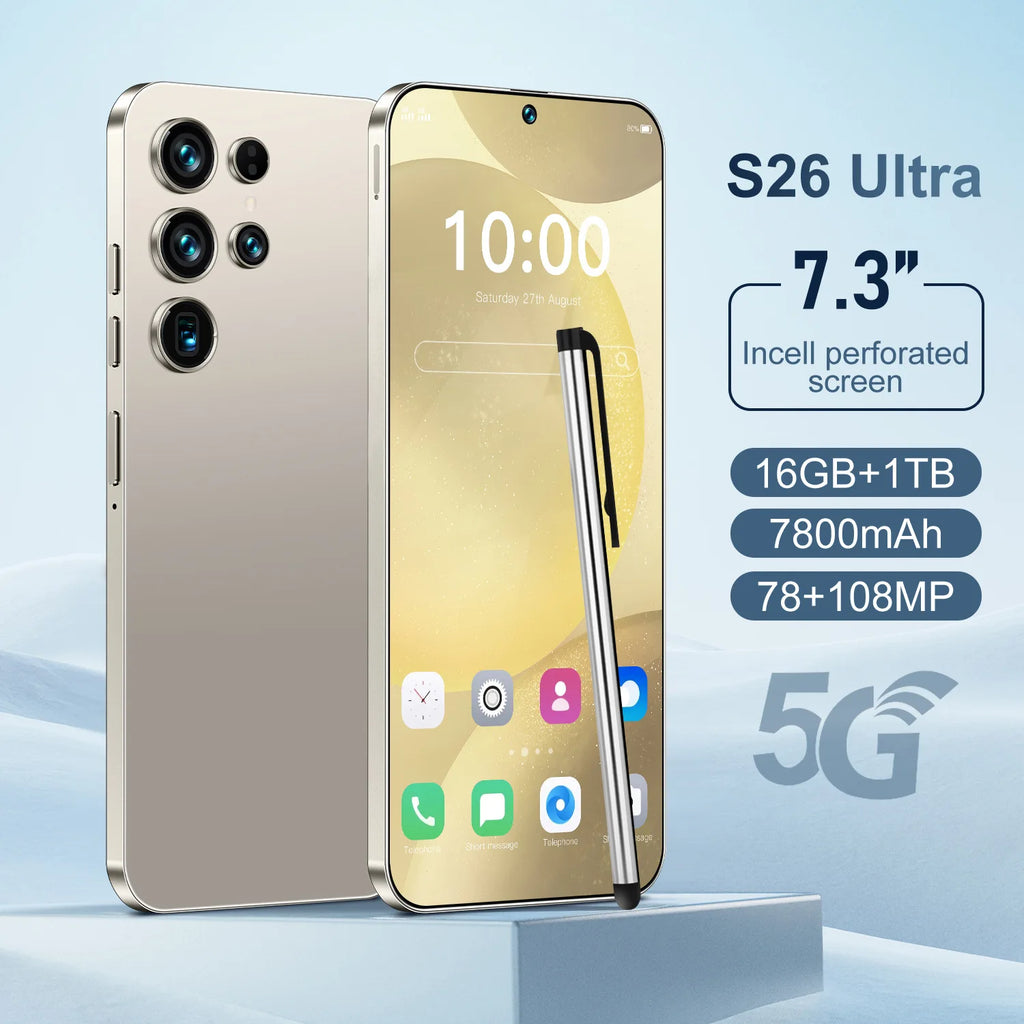 S26 ULTRA 5G Smart Deca Core Mobile Phone 108MP Rear Camera 7.3 Inch HD OLED 90Hz Screen MTK Processor LTE Dual Sim 16GB RAM 1TB