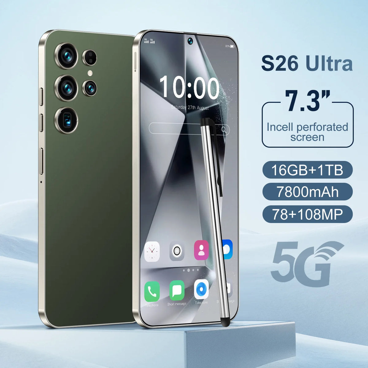 S26 ULTRA 5G Smart Deca Core Mobile Phone 108MP Rear Camera 7.3 Inch HD OLED 90Hz Screen MTK Processor LTE Dual Sim 16GB RAM 1TB